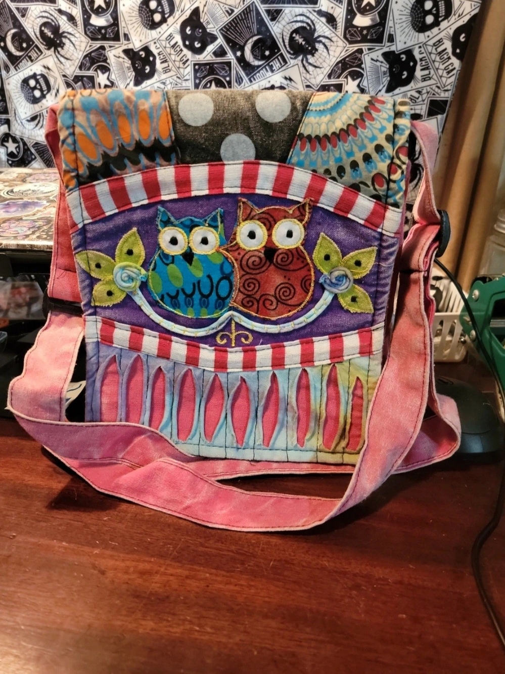 Whimsical Pink Multi Owl Patchwork Crossbody Bag